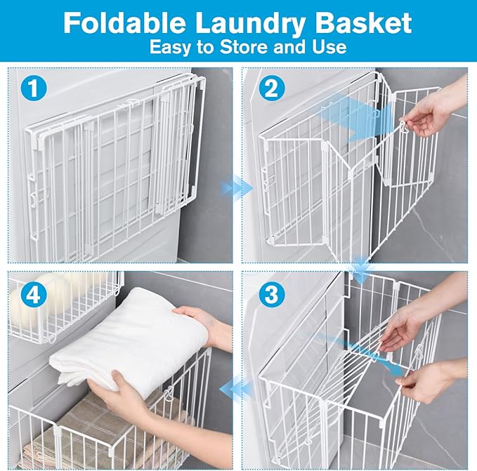 Magnetic Collapsible Laundry Basket, Foldable Metal Laundry Hamper for Washing Machine Side, Space Saving Pop Up Hamper, Laundry Room Organization and Storage (White)