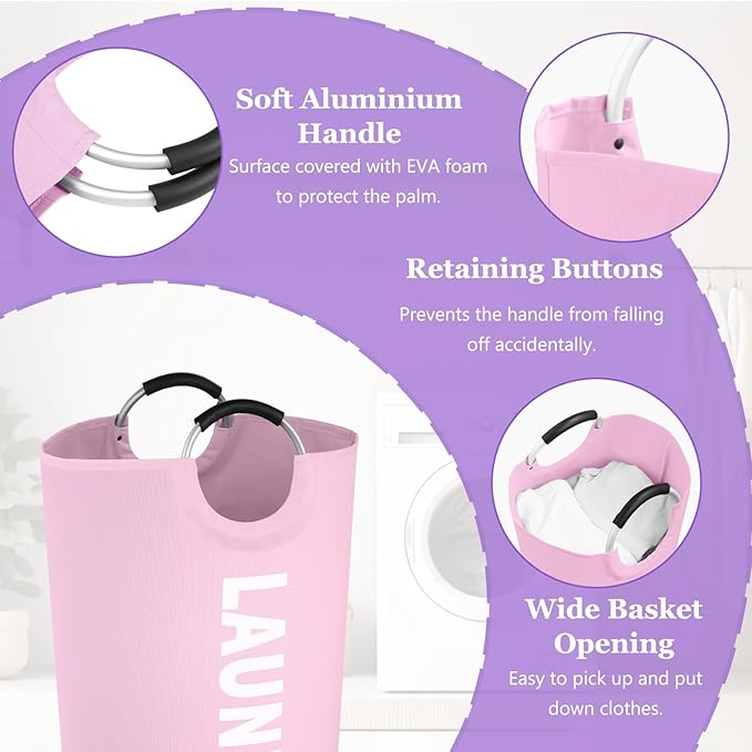 125L Pink Laundry Basket, Extra Large Clothes Basket with Handles, Waterproof Dirty Clothes Hamper, Collapsible Laundry Bin Stand Upright, Sturdy Storage Basket for Bathroom, Flat, Pink