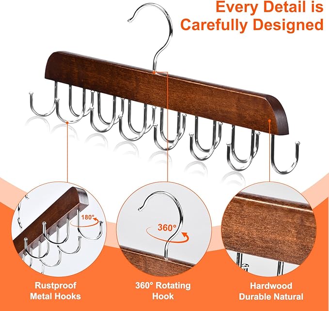 2 Pack Bra Hanger, Wooden Tank Top Hangers with 14 Foldable Hooks, Bra Hanger for Closet Organizer，Premium Wooden Space Saving Hangers Closet Organizers and Storage for Dorm & Apartment (Brown)