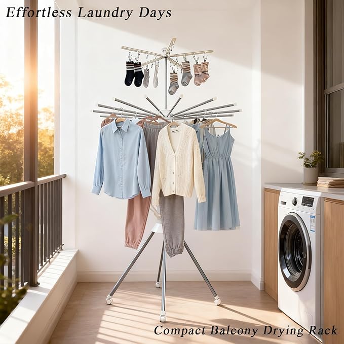Four Legged 2 Tier Clothes Drying Rack Laundry Drying Rack Save Space Garment Rack Portable and Foldable Dry Rack with 4 Pulleys 16 Poles 360° Octopus for Indoor Outdoor Balcony Courtyard