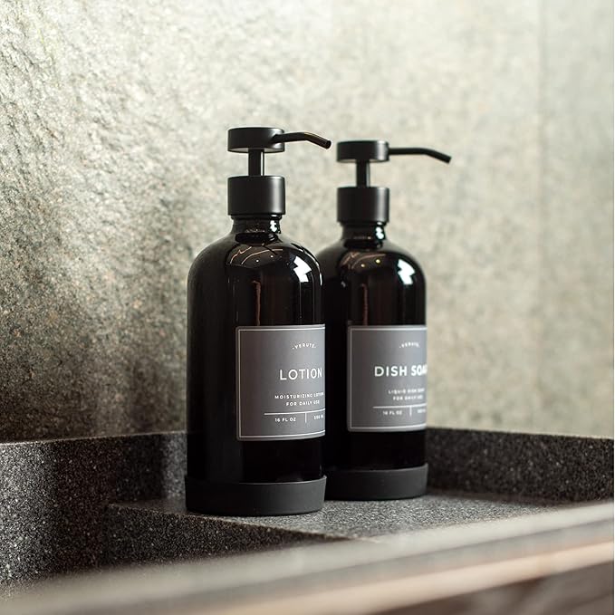 Hand and Dish Soap Dispenser for Kitchen and Bathroom, Set of 2 16 Oz Glass Bottles, Stainless Steel Pumps, Non-Slip Silicone Base, 27 Waterproof Labels (Gloss Black Bottle/Black Pump)