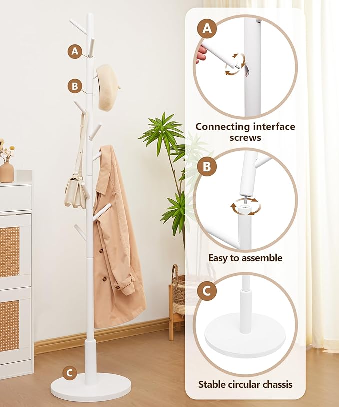 Standing Coat Rack,Wooden Coat Rack Stand with 9 Hooks and 3 Height Adjustable,Beech Wood Tree Coat for Bedroom,Office,Entryway (White)