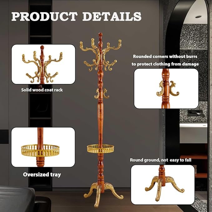 Coat Racks FreeStanding with 14 Hooks, Natural Wood Coat Rack with Solid Round Base, Adjustable Height Coat Racks, Easy Assembly for Hallway, Bedroom and Office (Begonia color-Tray)