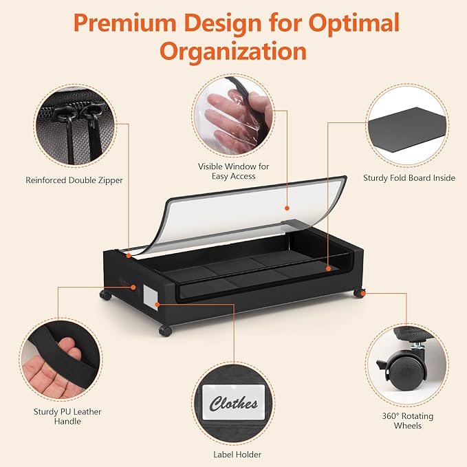 Under Bed Storage Containers with Wheels - Foldable Organizer Bins for Blankets, Clothes, Shoes, Toys, and Comforters.Capacity, Space Saving, Easy Pull Out, Clear PVC (black-2)