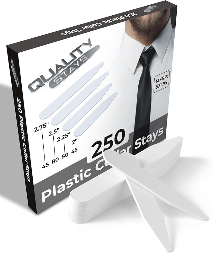 Quality Stays 250 Plastic Collar Stays for Men, 4 Sizes, White Shirt Collar Inserts