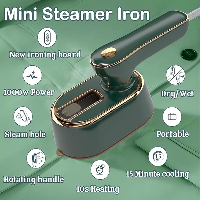Travel Steamer Iron for Clothes Mini - Portable Ironing Machine Travel Small Size Portable Steamer Travel College Dorm Home Essentials (Green)