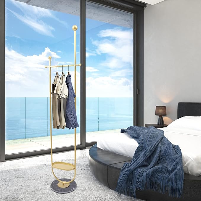 73in-Gold Clothing Garment Rack with Storage Shelf and Hat Hooks, Freestanding Coat Rack Stand Hanging Clothes, Bags, Hat for Entryway Bedroom Organizer Clothing Stores Boutique Retail
