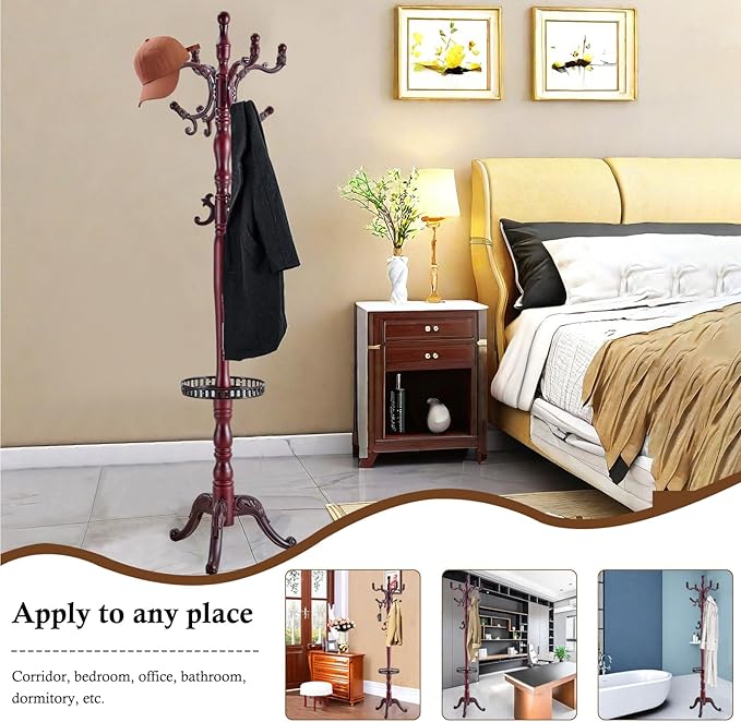 Coat Rack Stand, Solid Wooden Coat Tree with 14 Hooks, Heavy Duty Coat Rack Freestanding with Sturdy Triangle Base, Natural Birch Wood Coat Hanger Stand for Entryway Bedroom (Reddish-brown H12)