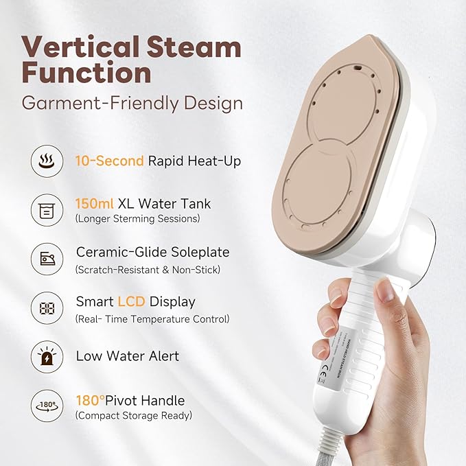 Travel Steamer, 1200W Portable Steamer for Clothes, 10-Second Rapid Heat-Up Plancha a Vapor Para Ropa with LED, 180° Rotating Handle & Ceramic Soleplate for Travel, Home, Office Use