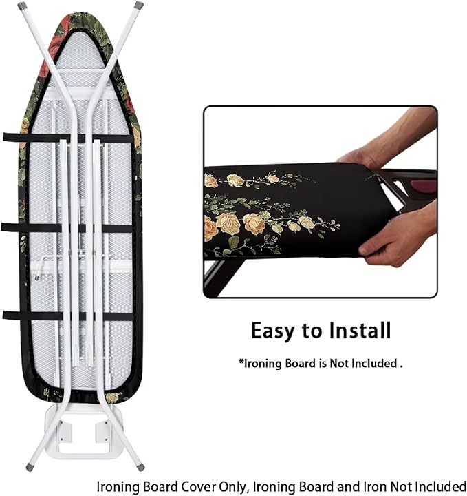 Rose Print Ironing Board Cover and Pad Heat Reflective Stain Resistant Iron Board Cover with Padding Standard Size 15x54 Pressing Cloth for Ironing