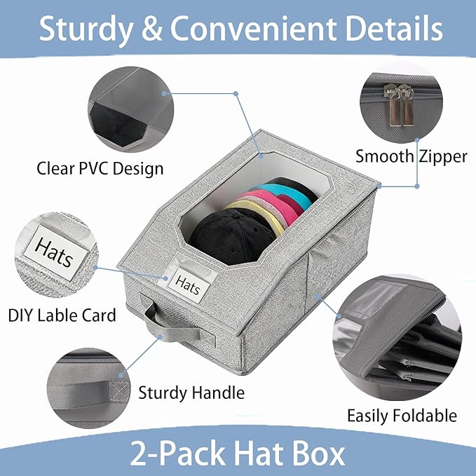 2 Pcs Stackable Baseball Cap Organizer, Washable Foldable Odorless Oxford Cloth with Smooth Durable Metal Zipper, Clear Window Holds 24 Caps, Hat Box for Closet/Home (Grey, Large 15.8×8.7×6.7 inches)