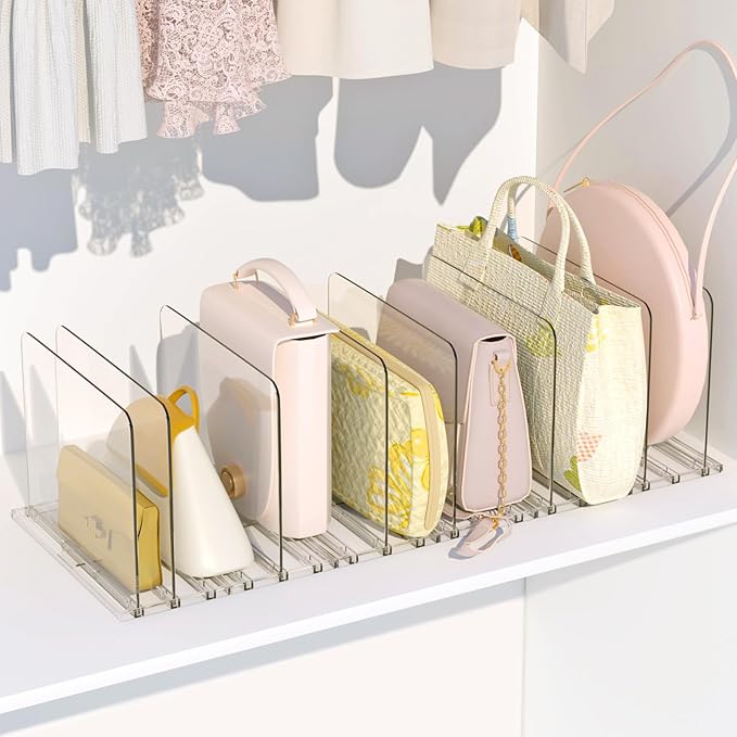 Purse Organizer for Closet, 6 Pack Adjustable Purse Holder for Closet, Plastic Shelf Dividers for Organization, Clear Handbag Clutch Bag Book Storage Organizer in Bedroom, Office