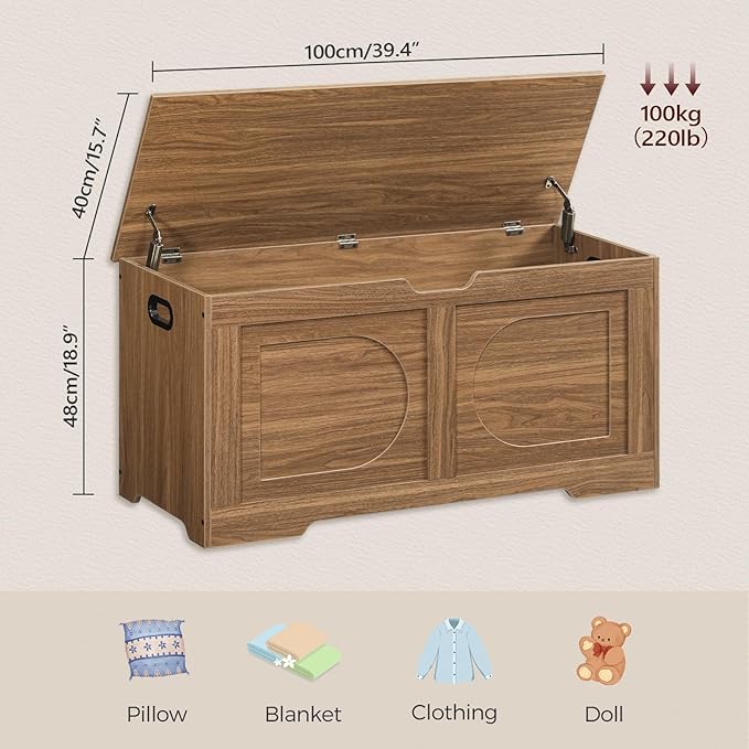 Storage Chest, 39.4” Toy Box, Entryway Storage Trunk, Shoe Bench with Storage, Engineered Wood Storage Cabinet with 2 Safety Hinges, Entrance Bench for Living Room, Honey Brown SCOR2001