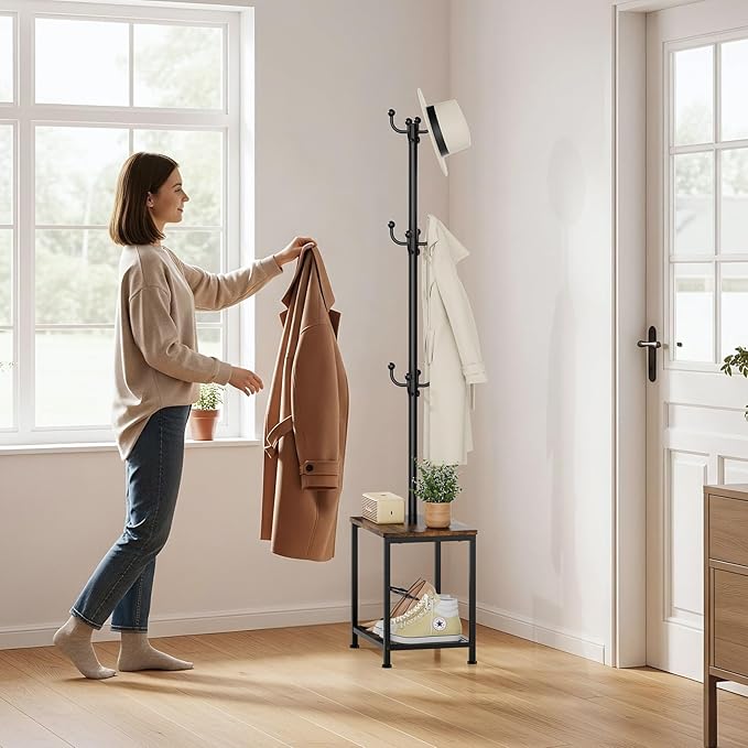 Coat Rack Freestanding, Hat Rack Hall Tree with Bench and Shoe Storage, 3-in-1 Coat Hanger Purse Rack Bag Rack Coat Tree Clothes Tree, Vintage Entryway Corner Coat Rack with Shoe Storage