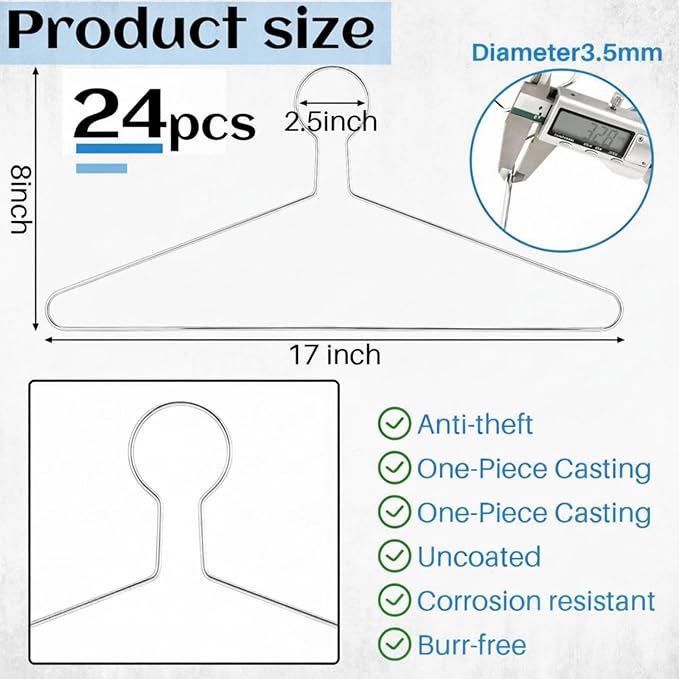 Leinuosen 24 Pack Anti-Theft Security Hangers 17 Inch Heavy Duty Chrome Metal Hanger Closed Loop Suit Hook Suitable for Suits Coat Jacket for Hotels Retail Rvs Stores Gyms (Silver,Classic)