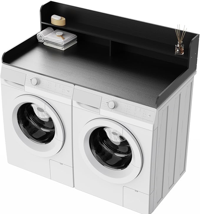 Fabuday 2-Tier Wood Washer Dryer Countertop with Shelf - Two Layers Laundry Topper for Storage & Organization, 54''x27.5''x11.9'' Counter Table with Edge Over Washing & Dryer, Charcoal Black