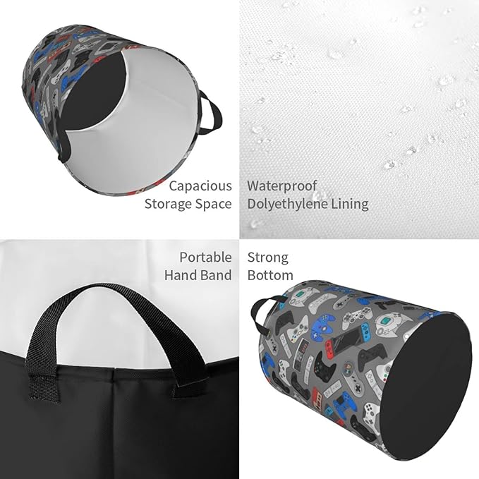 Video Game Controller Grey Background Laundry Hamper Storage Basket Toys Clothes Organizer Bin For Home Bathroom Bedroom Dorm Nursery, 62l