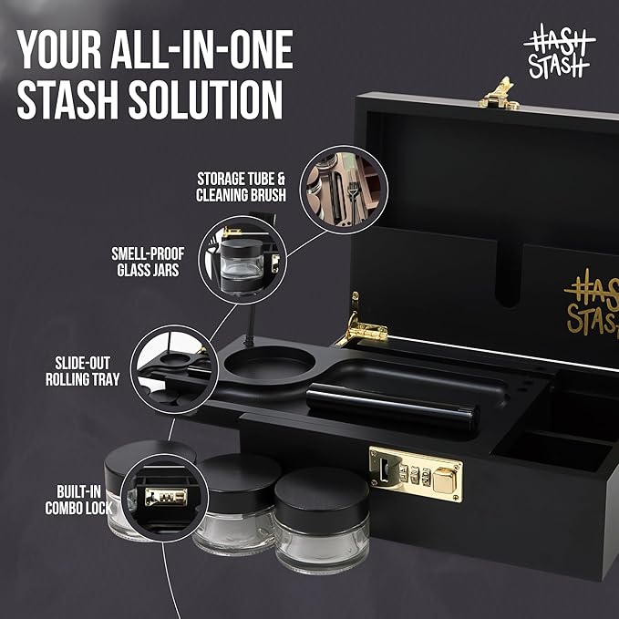 HASHSTASH The OG Storage Box - Large Bamboo Box with Combination Lock, Magnetic Lid, Organizer Tray, Airtight Tube and 3 Jars - Discreet Decorative Locking Wooden Box with Accessories (Black/Gold)