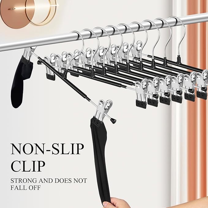 10 Pack 12Inch Heavy Duty Pants Skirt Hangers with Clips,Metal Trousers Hanger for Jeans Black Non Slip Women Shorts Hangers Saving Space Clothing Hanger for Adult,Men,Children,Kid,Baby