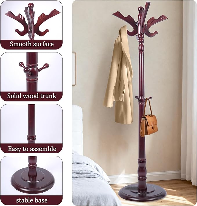 73" Wooden Coat Rack Freestanding, Coat Rack Stand With 18 Hooks And Round Solid Wood Base，Adjustable Height, Easy To Assemble For Entrance Hallway Office Living Room Bedroom (Flying Swallow)