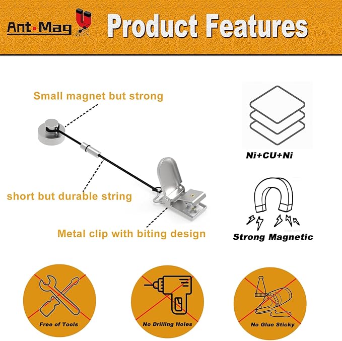 Ant Mag Magnets Clips for Hanging Metal Clips Biting Design with Strings Perfect for Gloves Towels Hats Organization, Magnetic Clip for Fridge Locker Grill Indoor Outdoor Use 6 Pack