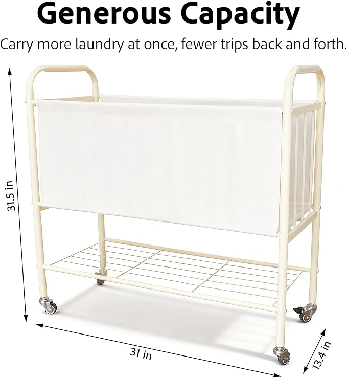 laundry basket with wheels, rolling laundry basket dirty clothes hamper storage cart, double laundry hamper for Bedroom, Laundry Room, Closet, Bathroom, College, 85L Large capacity (White)