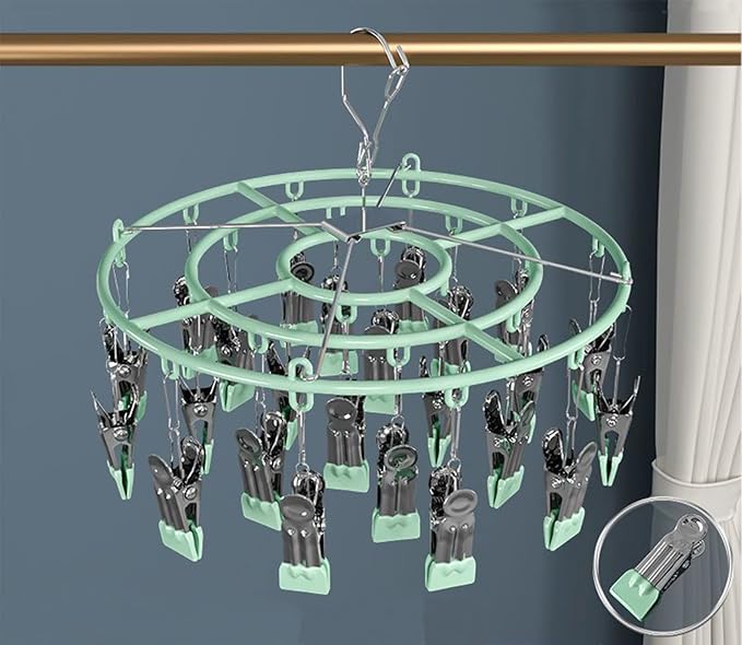 Stainless Steel Clothes Sock Drying Rack with 24 Clips, Swivel Hook Windproof Clothes Hanger Rack for Sock, Bras, Towel, Underwear, Hat, Scarf, Gloves, Pants Laundry Clothes (Green Clips)