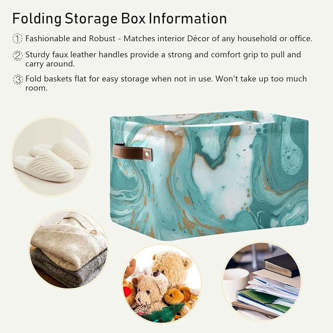 Turquoise Marble Texture Basket Bin, Large Storage Basket for Toy, Canvas Storage Basket for Clothes, Decorative Basket for Home Office (15x11x9.5inch)