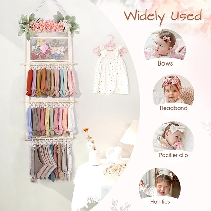POVETIRE Headband Holder Hair Bows Organizer for Girls, 4-Layer Hair Accessories Display Storage Wall Hanging Decor for Baby Nursery Toddler Girls Room