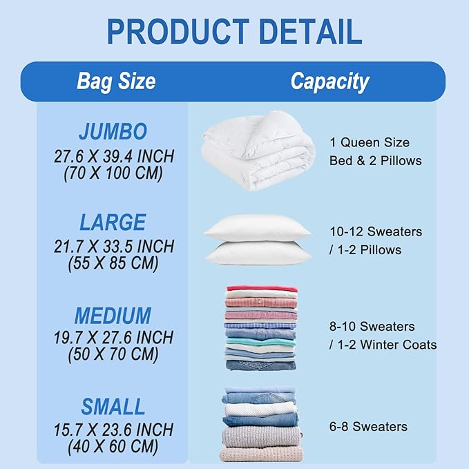Vacuum Storage Bags with Hand Pump, Plastic Packaging Bags, 80% Space Saver Vacuum Seal Bags for Clothing, Travel Lugggage, Blankets, Comforters, 10 Large