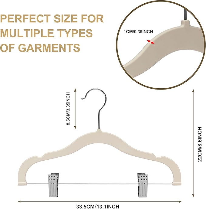Quality Kids Children's Plastic Non Velvet Non-Flocked Thin Compact Skirt Pant Coat Hangers with Metal Clips for Skirts Pants Blouses 360° Swivel Hook, Jacket, Shirt, Leggings, Suit Hangers(Ivory, 10)