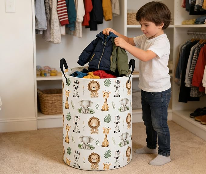 ESSME Kids Laundry Basket,Aniaml Hamper Collapsible Canvas Waterproof Storage Bin for Boys, Cute Hamper,Gift Baskets(Cute animal)