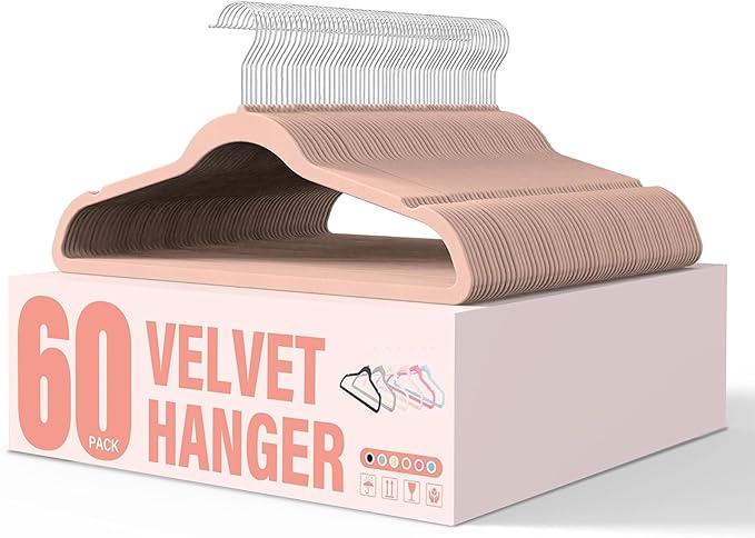 YSSOA Velvet Hangers 60 Pack, Non-Slip Clothes Hangers with Shoulder Notches, 360° Swivel Hooks, Heavy Duty Standard Hanger for Closet Space Saving, Pink