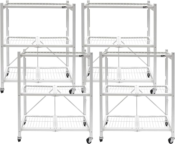 Origami 4-Pack General Purpose Foldable 3-Tier Shelf Storage Rack & Wheels, R3, White