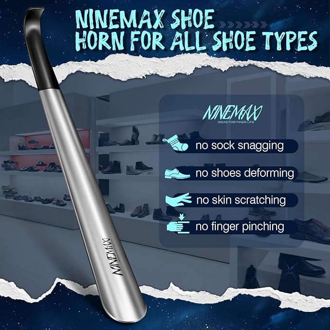 NINEMAX Shoe Horn Long Handle for Seniors Men Women, Metal Long Shoehorn Boot Horn, Stainless Steel Shoe Spoon Helper 16.5''(Pack of 2)