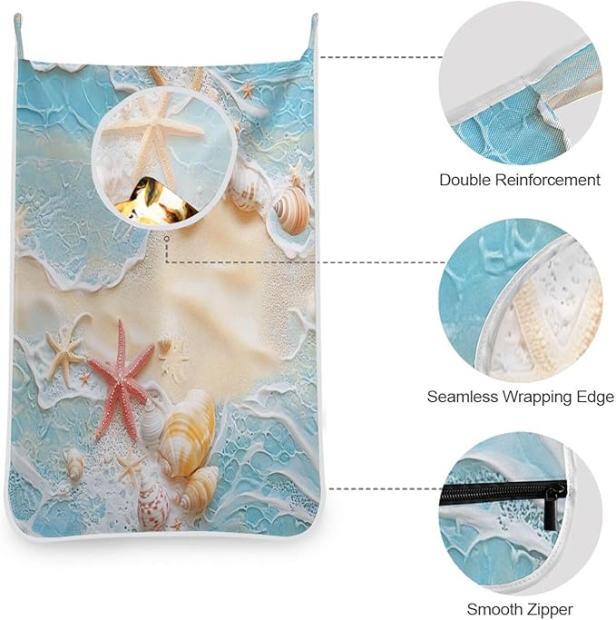 Blue Beach Sea Star Shell Summer Hanging Laundry Hamper Door Hampers Bag Basket with Stainless Steel Hooks Oxford Fabric Printing Decorative Clothes Bags 29.5X20inch 1Pack