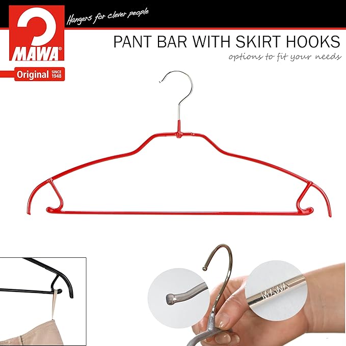 Mawa by Reston Lloyd Silhouette Ultra-Thin Series, Non-Slip Space Saving Shirt Hanger with Pant Bar & Skirt Hooks, Style 42/FTU,Pack of 130, Red