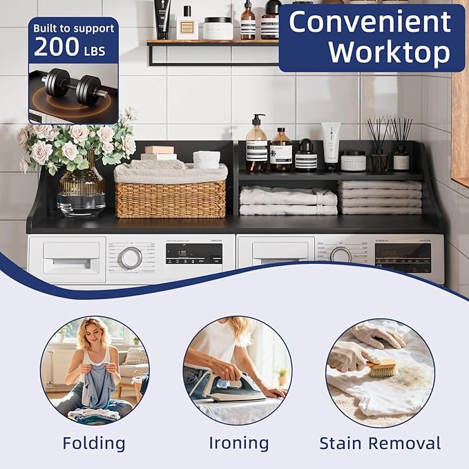 2 Tiers Washer Dryer Countertop, 54" Width x 27.5" Depth Laundry Countertop Organization, Wooden Washer and Dryer Topper for Folding, Sorting & Ironing, Easy to Install, Black