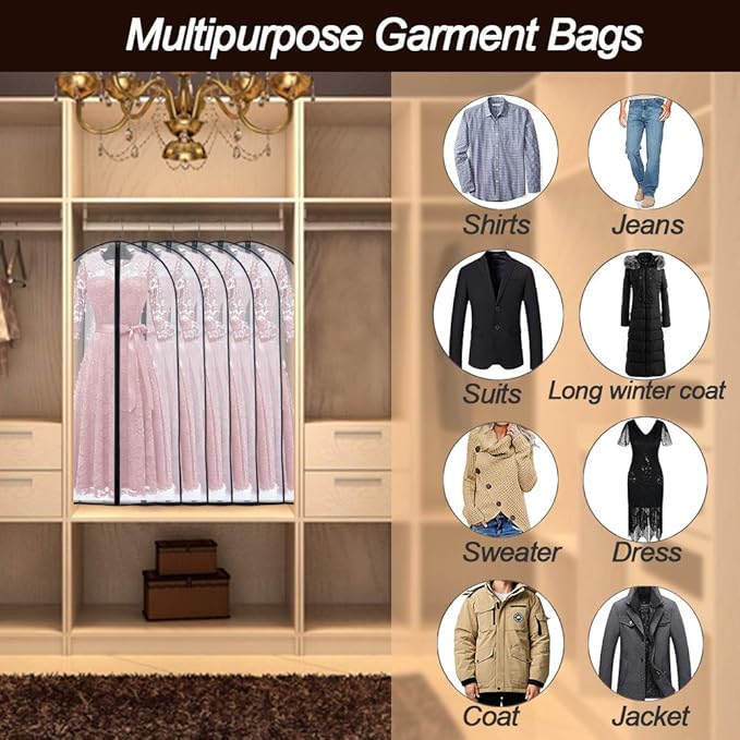 Garment Bag Covers (24''X55'' Set of 12) Lightweight White PEVA Breathable Bags with Study Full Zipper for Coat Protector Travel Laundry Wardrobe Closet