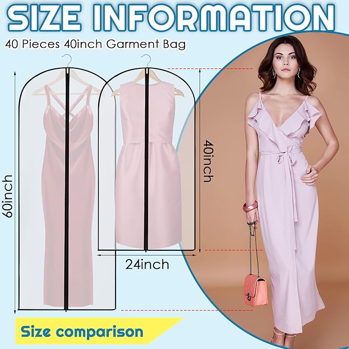 Amylove 40 Pcs 24 x 40 Inch Garment Bags for Hanging Clothes, Dress, Gown, Coat & Suit Storage Bags with Zipper - Dustproof Cover for Closet Clothes Storage Travel (White Black)