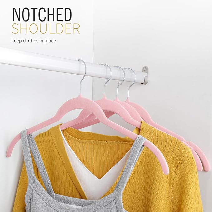 ManGotree Velvet Shirt Hangers for Women, 16.5'' Suit Hangers with Shoulder Groove, Non-Slip Dress Clothes Hanger for Coats, Tank Tops, Shirts, Blouses, Shorts (22 Pack, Pink)