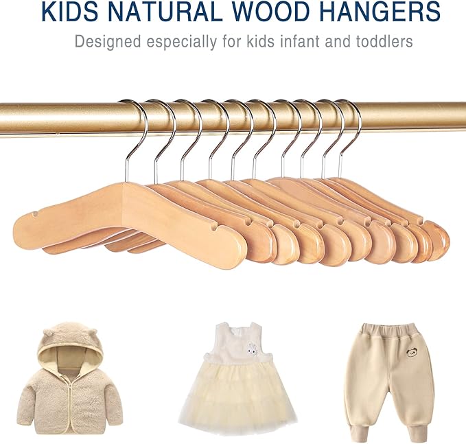 10pcs Children's Wooden Hangers - Natural Wooden Kids Coat Hangers (9.4 inches) for Baby Clothes Closet