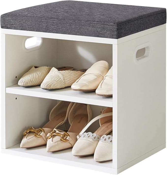 YMYNY Shoe Storage Bench with Cushion, 2 Tier Shoe Rack with Padded Seat, Adjustable Shoe Organizer Cabinet for Entryway, Living Room, Hallway, Closet, Bedroom, 15.4L*11W*16.54H, White, UHBD028W