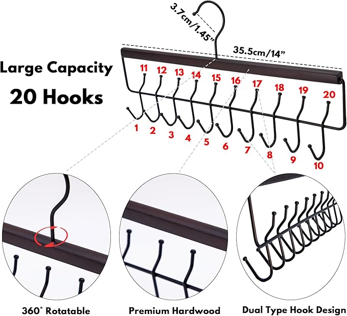 Bra Hanger 2 Pack with Premium Wood, 40 Hooks Large Capacity Closet Organizer for Belt Bra Tie Scarf and Tank Top, Space Saving Rack 360° Rotatable with Sturdy Metal Hooks