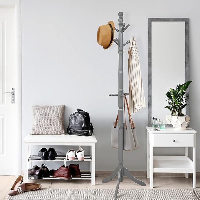 MEDIMALL Height Adjustable Coat Rack Freestanding, Rubber Wood Hall Tree, Entryway Coat Hanger Stand with 9 Hooks & Stable Tri-Legged Base For Home Office Entrance, Hat Stand, Gray