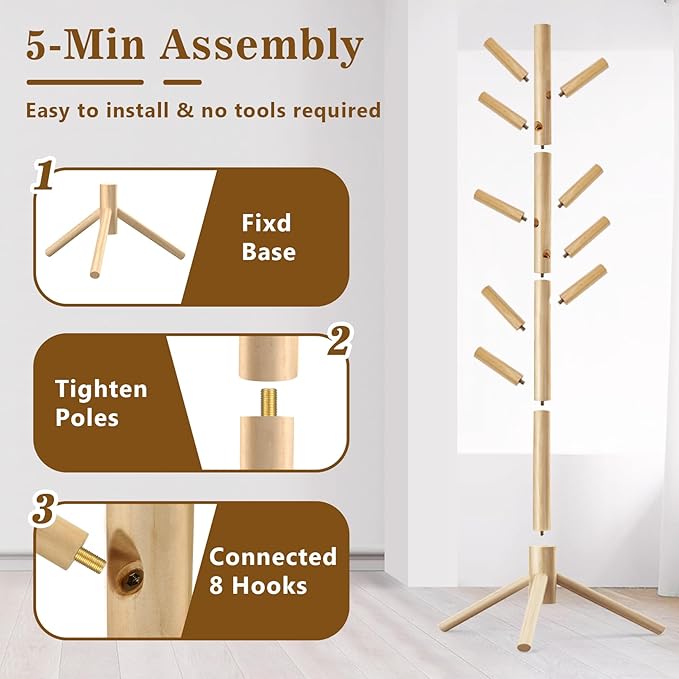 Wooden Coat Rack Freestanding with 8 Hooks,Easy Assembly New Zealand Pine Tree Coat Racks, 3 Adjustable Sizes for Clothes, Hats, Bags, for Entryway, Hallway, Bedroom, Office (Natural, 2PCS)