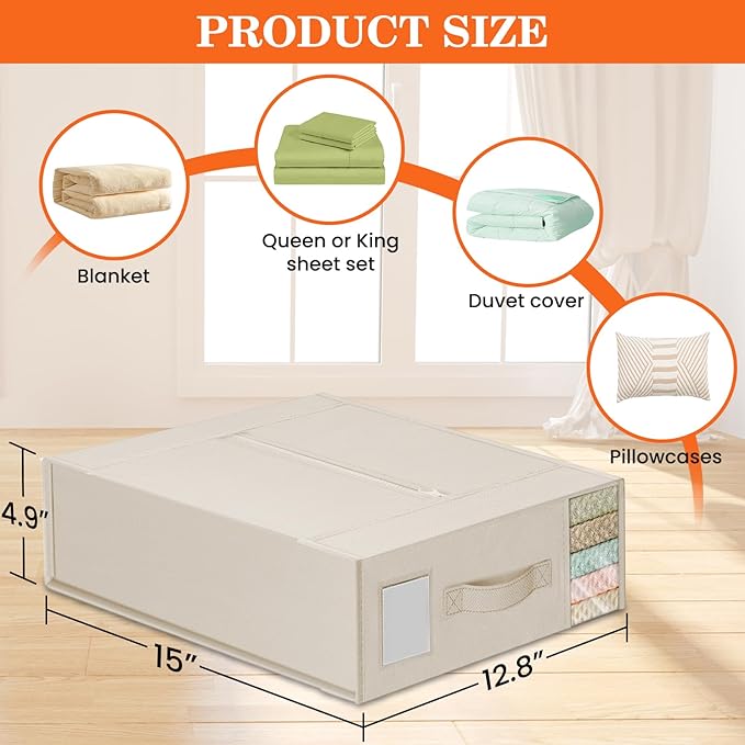 WOWBOX Sheet Organizers and Storage,Closet Bed Sheet Organizer Under Bed Storage and Organization with Label Cards & Clear Window for Bedding Sheets,Duvet Covers,Blankets (3 Pack，Beige)