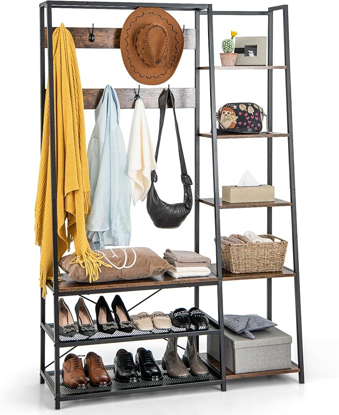 Giantex Coat Rack with Shoe Bench, Industrial Hall Tree with Storage Bench, 9 Hooks, 5 Side Shelves, Accent Large Shoe Rack Bench with Storage Shelf Hanging Bar for Entryway, Hallway (Rustic Brown)