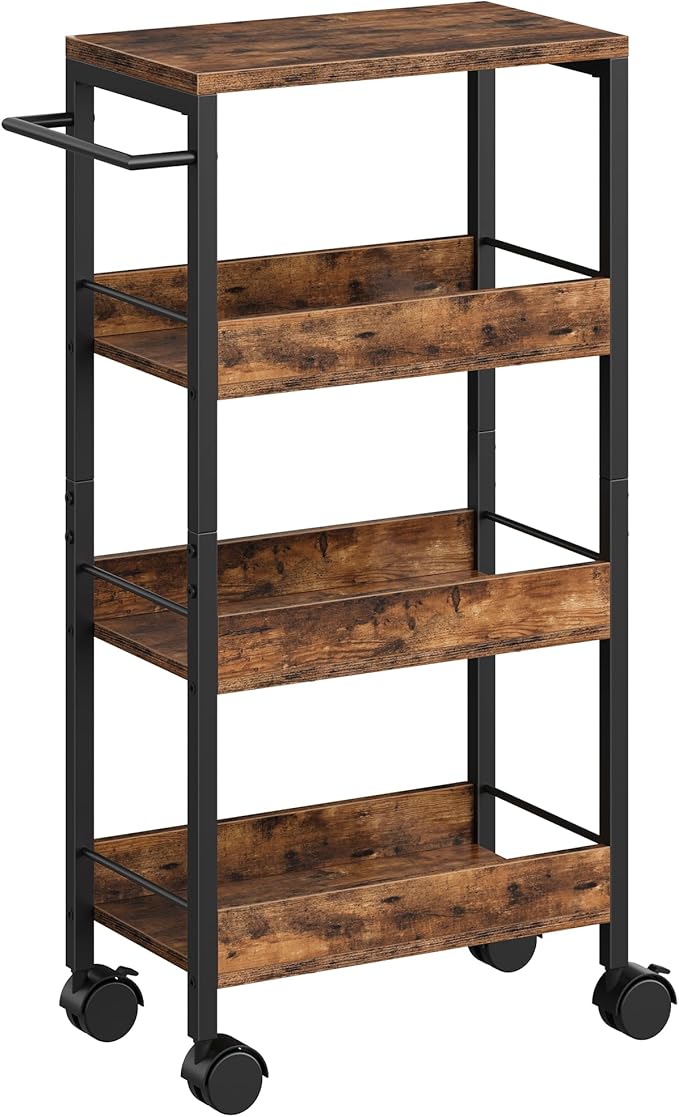 4-Tier Slim Storage Cart, 9.1'' Kitchen Serving Trolley, Slim Rolling Cart with Handle and Guard Rails, Slim Cabinet for Small Spaces, for Dining Room, Rustic Brown and Black TTC03BF