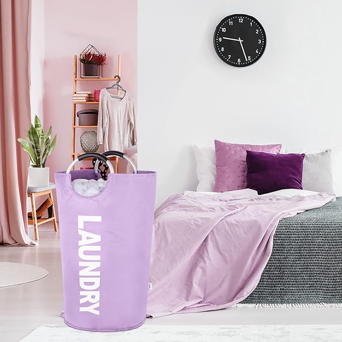 Large Laundry Basket Collapsible，Freestanding Clothes Hamper Bag with Handles – Tall Folding Dirty Laundry Bin，Sturdy Laundry Sorter for College Dorm，Laundry Room – 130L (Purple)